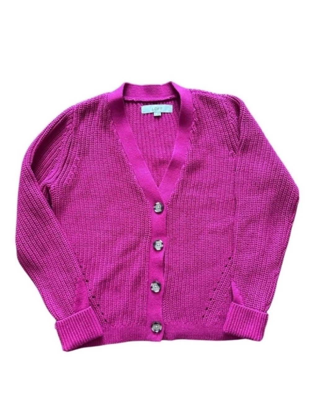 LOFT Bright Fuchsia Ribbed Button Cardigan - Picture 8 of 11